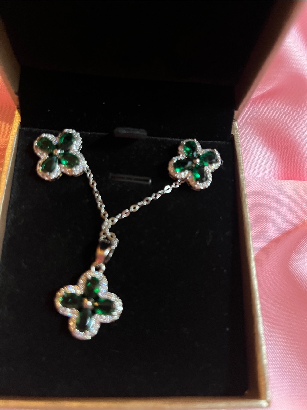 Silver Floral Green Gem Pendant Necklace and Earrings Set